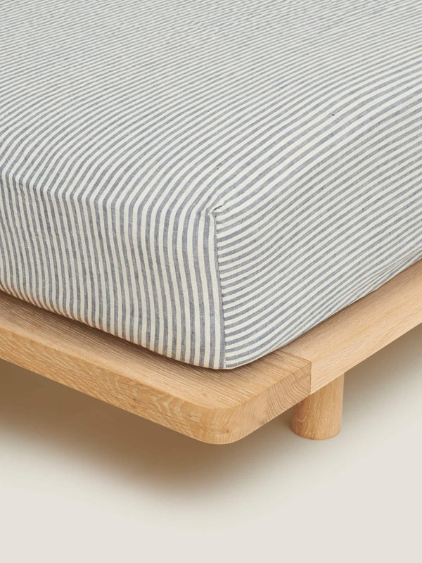 100% Linen Fitted Sheet in Blue Stripes