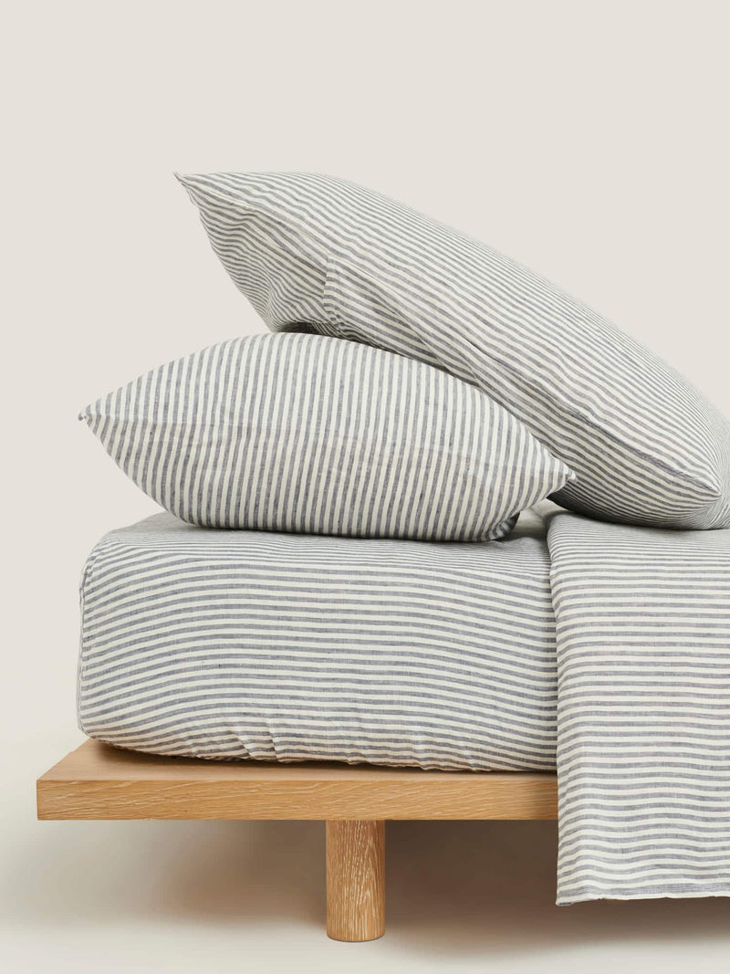 100% Linen Sheet Set in Blue Stripes