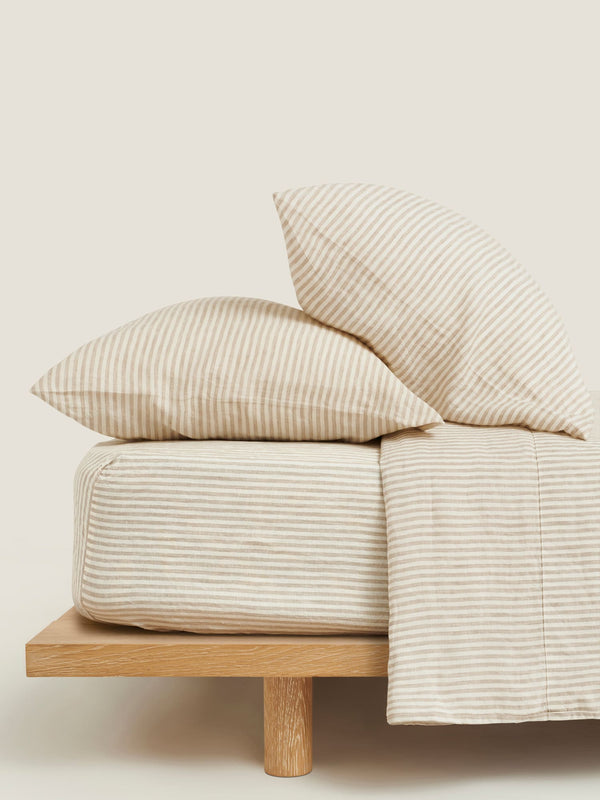 100% Linen Fitted Sheet in Natural Stripes
