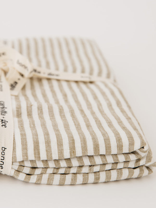 100% Linen Flat Sheet in Olive Stripes